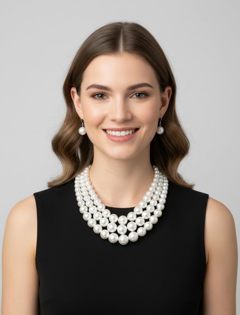 Fashion 21 Women's Faux Pearl Three Multi-Strand Statement Necklace and Earrings Set (White) - Image 2